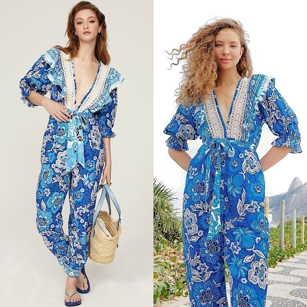 FARM RIO Linen Floral Paisley Puff Sleeve Ruffle Lace V-Neck Tie Belt Jumpsuit S